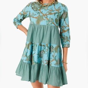 Ro's Garden Exclusive Turquoise Camilla Rene 3/4 Sleeve Mini Dress Size LG